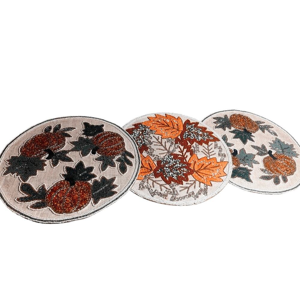 Celebrate Together Hand Embellished Set of 3 Pumpkin & Fall Leaves 15" Diam NWT